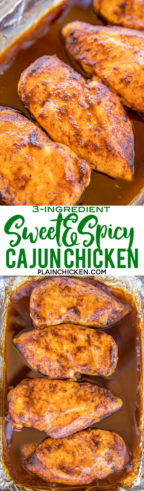 3-Ingredients Sweet and Spicy Cajun Chicken - seriously THE BEST baked chicken EVER! Only 3 ingredients and ready in under 30 minutes!! Chicken, brown sugar, cajun seasoning. There are never any leftovers. We make these at least once a month. SO good! Serve over rice or potatoes for an easy weeknight meal! #easydinnerrecipes #chickenrecipes #mardigras Easy Cajun Chicken, Cajun Ninja Sticky Chicken Recipe, Cajun Sticky Chicken Recipe, Bbq Cajun Chicken Tenders, Sweet Sticky And Spicy Chicken Allrecipes, Chicken Entrees, Cajun Chicken, Turkey Dishes, Chicken Main Dishes