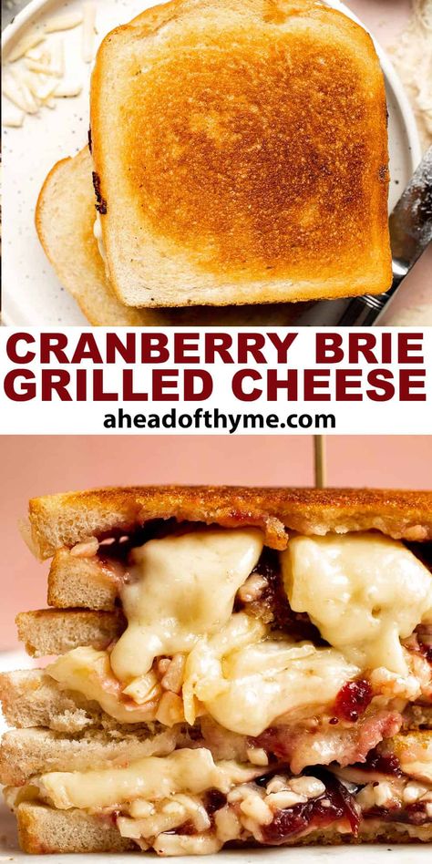 This Cranberry Brie Grilled Cheese features the sweet and tart flavor of cranberry that pairs perfectly with the creamy, slightly funky flavor of brie. This is a wonderful way to use up that leftover cranberry sauce in a new way! The sandwiches are simple enough to tide you over between holiday meals yet fancy enough to serve at a casual holiday brunch. It's the perfect quick meal for fall! | aheadofthyme.com #cranberrybriegrilledcheese #grilledcheese #leftovercranberrysauce via @aheadofthyme Cranberry Brie Grilled Cheese, Brie Cranberry Sandwich, Cranberry Sauce Sandwich, Pomegranate Desserts, Fancy Grilled Cheese Recipes, Pomegranate Dessert, Baked Grilled Cheese, Brie Grilled Cheese, Fancy Grilled Cheese