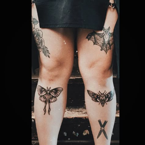 Moth tattoos Moth Shin Tattoos For Women, Aesthetic Moth Tattoo, Shin Moth Tattoo, Bat And Butterfly Tattoo, Moth Calf Tattoo, Bat Under Knee Tattoo, Moth Under Knee Tattoo, Traditional Luna Moth Tattoo, Witchy Moth Tattoo