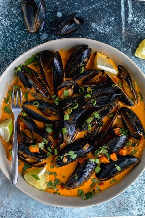 Thai Coconut Mussels Coconut Curry Mussels Recipe, Red Curry Mussels Recipe, Thai Red Curry Mussels, Thai Mussels Recipe, Mussels Appetizer Recipe, Thai Curry Mussels, Red Curry Mussels, Coconut Mussels, Steamed Mussels Recipe