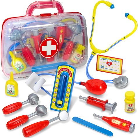 Make sure this fits by entering your model number. PLAY DOCTOR FOR HOURS - Tap in to preschoolers natural curiosity to explore all things including the human body. This fully stocked 11 piece doctor kit will have your children learning new things with each new tool they play with. WHATS IN THE BOX Our medical kit toy features one sturdy carrying case to tote all of the doctors tools around. Otoscope, Ophthalmoscope, Dental Mirror, Medical Spatula, Blood Pressure Cuff, Thermometer, Syringe, N.. Kids Doctor Set, Kids Doctor Kit, Toy Doctor, Doctor Play Set, Play Doctor, Playing Doctor, Kids Pretend Play, Medical Doctor, Medical Kit