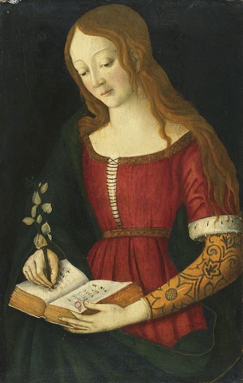 Giacomo Pacchiarotto -  A young lady writing a hymnal Medieval Artwork, Istoria Artei, Medieval Paintings, Medieval Woman, Medieval Clothing, Medieval Fashion, Medieval Art, Historical Costume, Historical Clothing