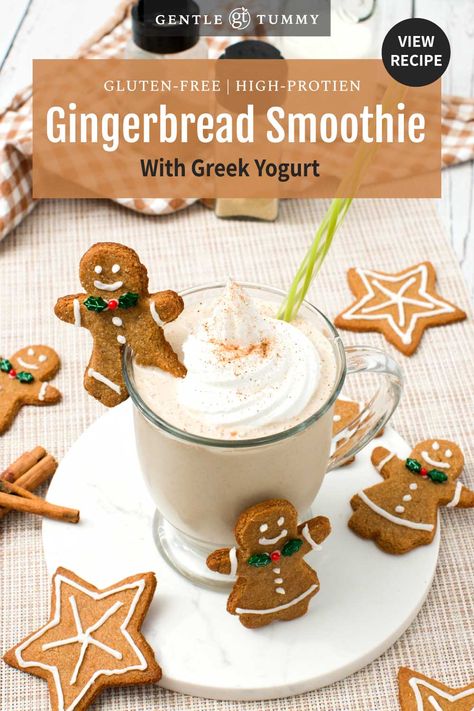 Gingerbread High-Protein Smoothie with Greek Yogurt Greek Yogurt Milkshake, Greek Yogurt Protein Powder, Smoothie With Greek Yogurt, High Protein Breakfast Smoothies, Green Smoothie Protein, Yogurt Protein Powder, Gingerbread Smoothie, Protein Greek Yogurt, High Protein Breakfasts