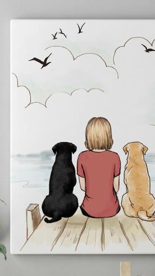 Brace Yourself, 3 Dogs Together Drawing, Puppy Love Drawing, Girl With Dog Drawing, Girl And Dog Drawing, I Feel Happy, Disney Icons, 강아지 그림, Art On Wood