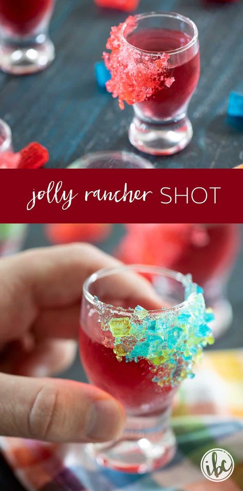 Dive into this vibrant Jolly Rancher shot recipe! It's the perfect blend of fruity liquor garnished with a crushed candy rim. #jollyrancher #shot #vodka #fruity #cocktail Signature Alcoholic Drinks, Fruity Drinks With Alcohol Easy, Fruity Shots Recipes, Titos Drinks Recipes, Mixed Drinks Alcoholic Vodka, Fun Alcoholic Shots, Shots With Whipped Vodka, Tasty Shots Recipes, Big Batch Shots Recipes