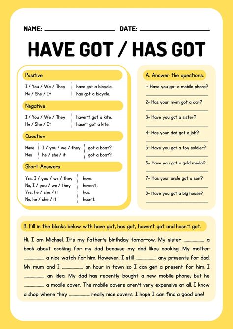 Have Got / Has Got (Possession) Grammar Worksheet - Templates by Canva English Grammar Exercises, Grammar For Kids, English Teaching Materials, English For Beginners, English Exercises, English Grammar Worksheets, Esl Lessons, Kids English, English Classroom