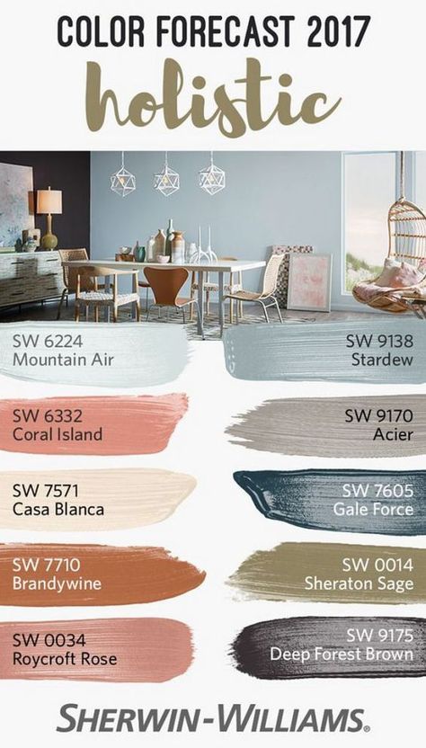 Best Paint Color for 2017. Sherwin Williams SW 6224 Mountain Air. Sherwin Williams SW 9138 Stardew. Sherwin Williams SW 6332 Coral Island. Sherwin Williams SW 9170 Acier. Sherwin Williams SW 7571 Casa Blanca. Sherwin Williams SW 7605 Gale Force. Sherwin Williams SW 7710 Brandywine. Sherwin Williams SW 0014 Sheraton Sage. Sherwin Williams SW 0034 Roycroft Rose. Sherwin Williams SW 9175 Deep Forest Brown. #Newpaintcolors #2017paintcolors Paint Collection, Color Forecasting, Interior Paint Colors, Decor Minimalist, The Design Files, Paint Schemes, Colour Schemes, Interior Design Tips, My New Room