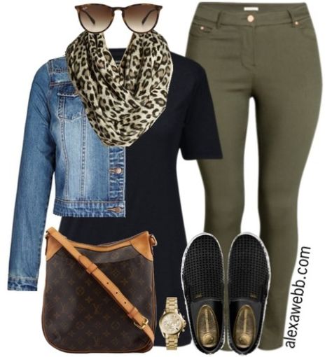 Plus Size Casual Outfit Idea - Plus Size Fashion for Women - alexawebb.com #alexawebb #plus #size Mode Ab 50, Olive Pants, Leopard Print Scarf, Outfit Jeans, Mode Casual, Plus Size Fashion For Women, Outfits Casual, Casual Style Outfits, Plus Size Casual