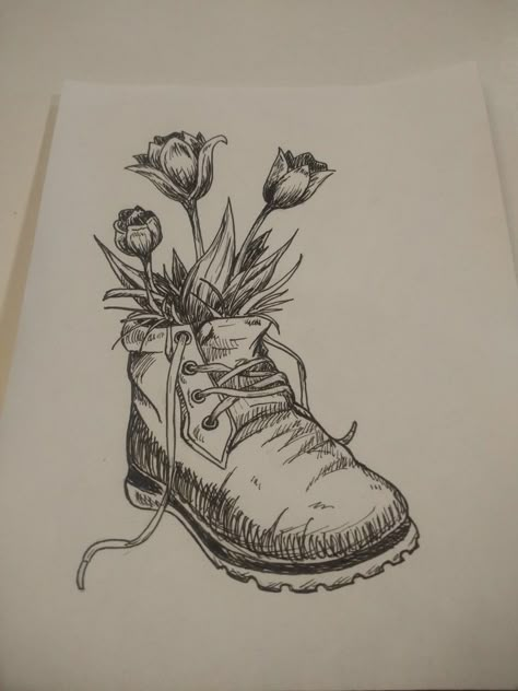 #flowers #tulips #boot #pen #drawing #art Boots Art Drawing, Boot With Flowers Drawing, Black Pen Drawing Sketches, Flower Pen Art, Black Pen Drawing Ideas, Boot Sketch, Flower Pen Drawing, Boots Sketch, Spring Sketch