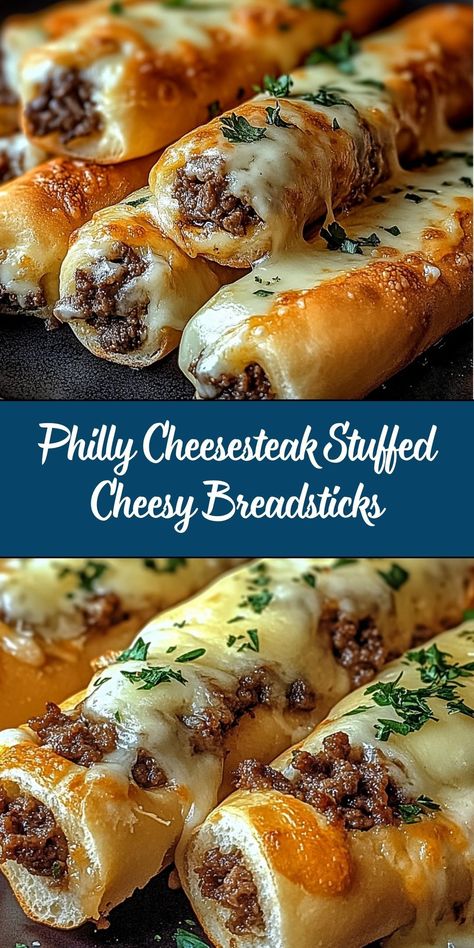 These breadsticks are stuffed with tender beef, sautéed peppers, onions, and plenty of melted cheese, all wrapped in soft dough and baked to perfection. Serve them with your favorite dipping sauces for a mouthwatering treat! Philly Cheesesteak Stuffed Cheesy Breadsticks, Repast Food Ideas, Philly Cheese Steak Appetizer, Stuffed Breads Recipes, Stuffed Dough Recipes, Stuffed Food Recipes, Food With Cheese, Stuffed Bread Recipes, Stuffed Breadsticks