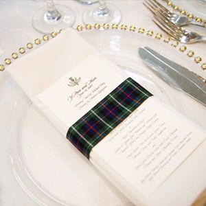 Wrap the Napkins  Just because you're having a formal wedding doesn't mean you can't have a little fun with your decor. Add a sophisticated tartan wrap to a formal, white-and-gold place setting to make a dramatic statement. Scottish Wedding Themes, Gold Place Setting, Plaid Wedding, Tartan Wedding, Tartan Ribbon, Wedding Reception Planning, Scotland Forever, Highland Wedding, Ribbon Wedding