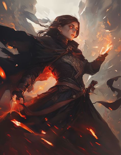 A sorceress commands fire with fierce intensity, her glowing red eyes reflecting the powerful magic coursing through her veins. Cloaked in dark robes and surrounded by swirling embers, she stands at the heart of a raging battle.

#FantasySorceress #PowerfulMage #FireMagic #DarkFantasyArt #FemaleMage #EpicFantasy #FantasyCharacterDesign #EmbersAndMagic #DarkMagicWielder #MysticalPower Sorceress Character Design, Fire Sorceress, Fantasy Classes, Glowing Red Eyes, Powerful Magic, Green Magic, Roleplay Characters, Game Pictures, Character Ideas