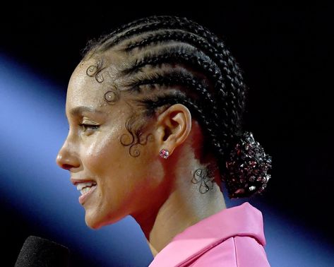 Alicia Keys Hairstyles Braids, Cornrows Low Bun, Cornrows Into Low Bun, Low Bun Cornrow Hairstyles, Cornrows Bun Low, Cornrow Low Bun, Conrows Styles, Alicia Keys Cornrows, Hair Bun Design