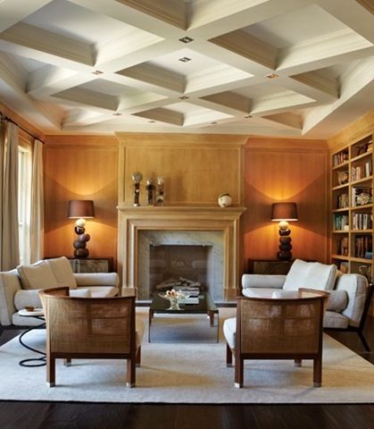 Love the diagonal coffered ceiling.  Definitely points your eye toward the mantel. Angled Coffered Ceiling, Panelled Ceiling, Oak Panelling, Coffer Ceiling, City Cottage, Bourbon Room, Farrow & Ball, Limed Oak, Ceiling Trim