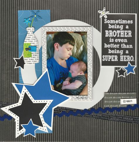 Brother Super Hero big brother, baby brother, superhero, star, scrapbook layout scrapbook page Scrapbook Ideas For Brother, Brother Scrapbook Layouts, Sibling Scrapbook Ideas, Big Brother Card Ideas, Quotes For Scrapbook, Brothers Scrapbook Page Ideas, Big Brother Scrapbook Layout, Big Brother Book, Big Brother Scrapbook Pages