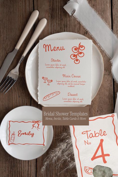 Bridal Shower Party Package Templates, Invitation, Welcome Signage, Table Cards, Customizable Templates, Dinner Party Menu & Signage Circle Menu Design, Dinner Party Name Cards, Cute Menu Ideas, Menu Signage, Welcome Signage, Number Table, Diy Dinner, Fall Dinner Party, Table Name Cards