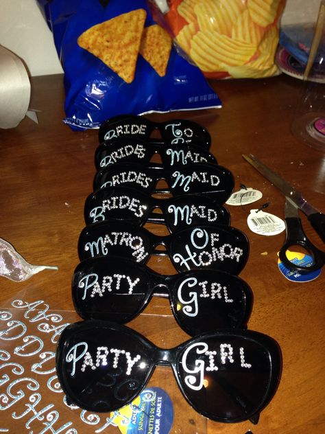 Bridal party shades DIY Diy Name Sunglasses, Sunglasses With Writing On Them Party, Bachelorette Sunglasses Diy, Bachelorette Party Sunglasses Diy, Fun Customizable Sunglasses For Party, Night Hairstyles, Sweet Sixteen Birthday Party Ideas, Birthday Goals, Diy Shades