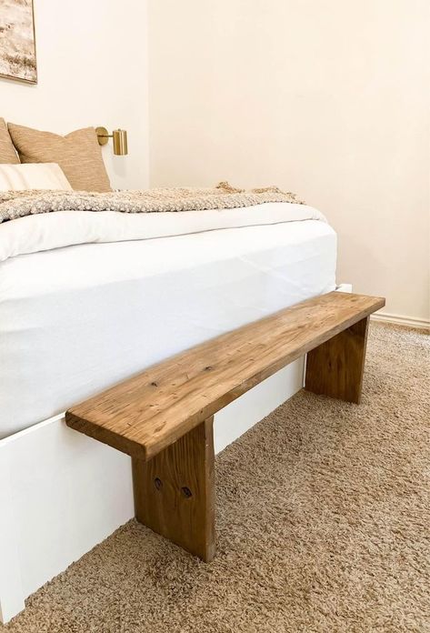 Bench Seat In Bedroom, Natural Wood Bench Bedroom, End Of Bed Chair, Rustic End Of Bed Bench, Wood Bench At Foot Of Bed, Benches At End Of Bed, Bench At Foot Of Bed Bedroom, Wood Bench End Of Bed, Wood Bench In Front Of Bed