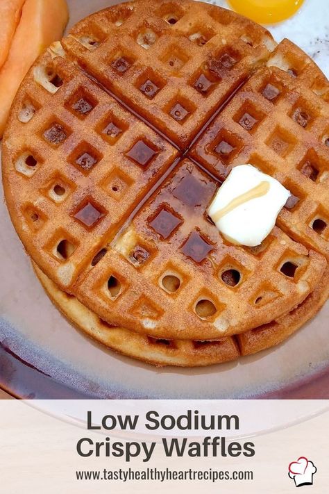 Crispy low sodium waffle with butter and syrup Low Sodium Dessert Recipes, Low Sodium High Protein Meals, Low Sodium Pancakes, Low Sodium Desserts, Sodium Free Recipes, Healthy Heart Recipes, Low Sodium Breakfast, Easy Low Sodium Recipes, Low Sodium Bread