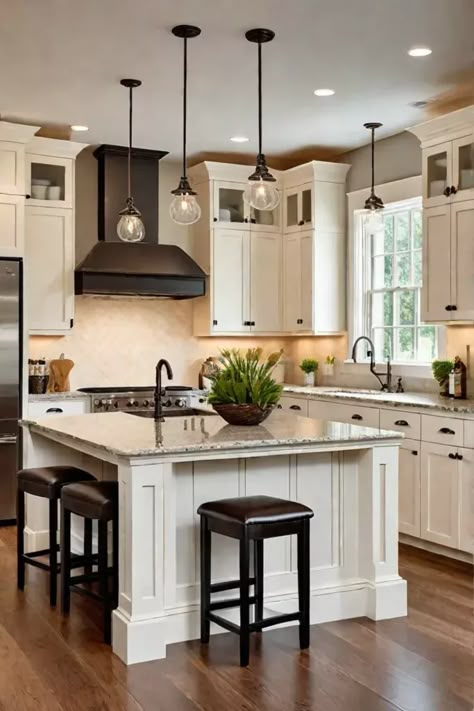 Cream shaker cabinets with granite countertops and a kitchen island Cream Shaker Cabinets, Maple Cabinet Kitchen, Kitchen Cabinet Refacing Ideas, Cabinet Refacing Ideas, Cabinets With Granite Countertops, Kitchen Cabinet Refacing, Maple Cabinet, Beige Kitchen Cabinets, Granite Kitchen Island