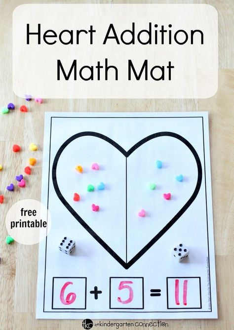 Create a heart-themed learning experience in your math center with this free Heart Addition Math Mat Printable where students can count, write and add! Heart Math, Kindergarten February, Kindergarten Valentines, Math Mats, Math Valentines, Preschool Valentines, Kindergarten Fun, Valentine Activities, Math Addition