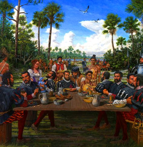 First Thanksgiving in the Americas took place near the Matanzas River in St. Augustine, Florida, when Spanish explorer Pedro Menéndez de Avilés and 800 soldiers, sailors, and settlers joined local Native Americans in a feast that followed a Mass of Thanksgiving, according to Kathleen Deagan. Catholic Aesthetic, Sea Shanty, Spanish Inquisition, The Pilgrims, Sea Shanties, Mexico History, Colonial History, St Augustine Florida, First Thanksgiving