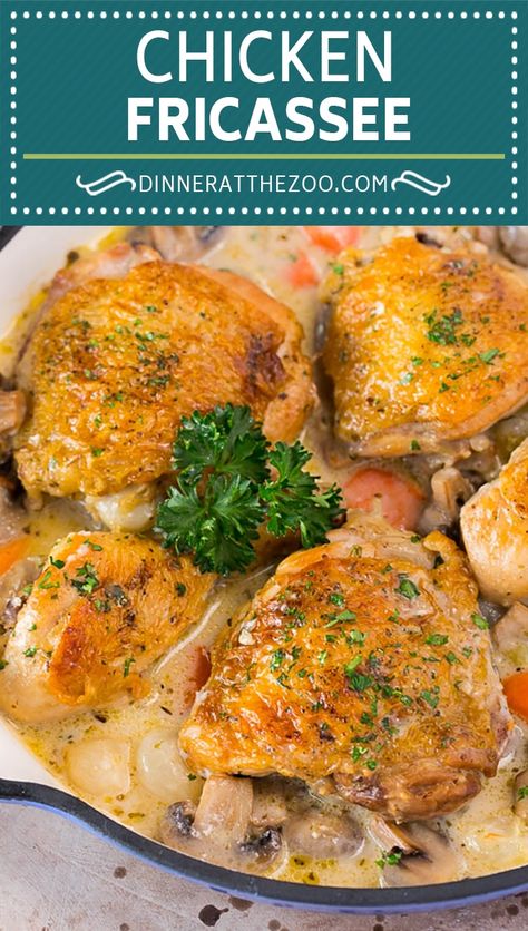 This chicken fricassee is tender chicken pieces simmered in a creamy sauce with mushrooms and carrots. Chicken Fricasse Recipe, Chicken Fricassee, Best Lunch Recipes, Chicken Recipies, Chicken Pieces, One Pot Meal, Yummy Chicken Recipes, Tender Chicken, Best Chicken Recipes