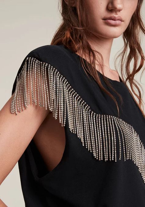 16 Really Cool Fringing Pieces We Love | SheerLuxe Tassel Shirt, Blusas Top, Winter Capsule, Muscle T Shirts, Ladies Tee Shirts, Cotton Tank Top, Black Xs, All Saints, Black Tan