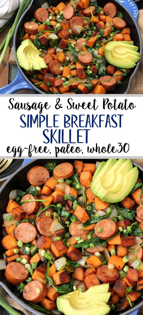 An easy Paleo egg-free breakfast recipe is always a simple go to meal. This skillet is full of healthy vegetables, flavorful spices and sausage! This egg-free breakfast is also Whole30 for when you're sick of eggs or want to meal prep breakfast! #eggfreebreakfast #paleobreakfast #whole30breakfast #breakfastskillet #breakfasthash Paleo Steak Recipes, Paleo Diet Breakfast, Paleo Menu, Egg Free Breakfast, Paleo Breakfast Recipes, Oatmeal Bake, Bake Healthy, Breakfast Fruit, Paleo Recipes Breakfast