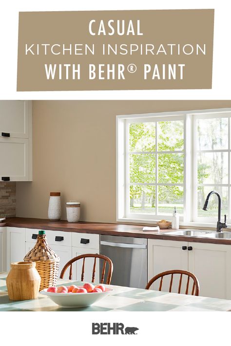 To create a casual style in your home, start with BEHR® Paint in Hayloft and Swiss Coffee. This color palette combines classic neutral hues like tan and white on the walls and painted kitchen cabinets, creating a simple—yet elegant—space. Click below to learn more. Tan Wall Kitchen Ideas, Tan Walls Kitchen, Wheat Bread Paint Behr Wall Colors, Behr Casual Khaki Kitchen, Even Better Beige Behr Cabinets, Behr Whites And Neutrals For Kitchen, Behr Paint Colors Neutral Browns, Warm Tan Paint Colors Behr, Tan Kitchen Walls