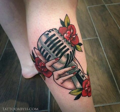 Old Fashioned Microphone Tattoo, Microphone Hand Tattoo, American Traditional Microphone Tattoo, Neo Traditional Microphone Tattoo, Microphone Tattoos For Women, Retro Microphone Tattoo, 50s Pinup Tattoo, Traditional Microphone Tattoo, Old Microphone Tattoo