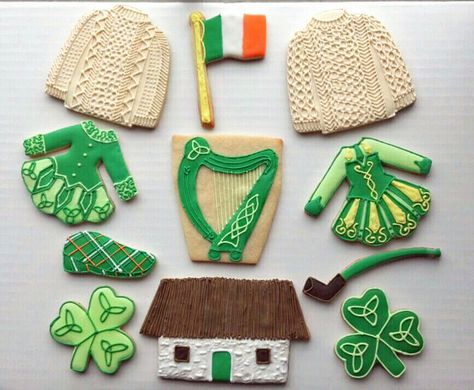 "Trip to Ireland" Cookies by ComfySweets on Etsy, $36.00 Dance Cookies, Irish Cookies, Irish Birthday, Shamrock Cookies, St Patrick's Day Cookies, Irish Step Dancing, Dancing Dresses, Trip To Ireland, Irish Harp