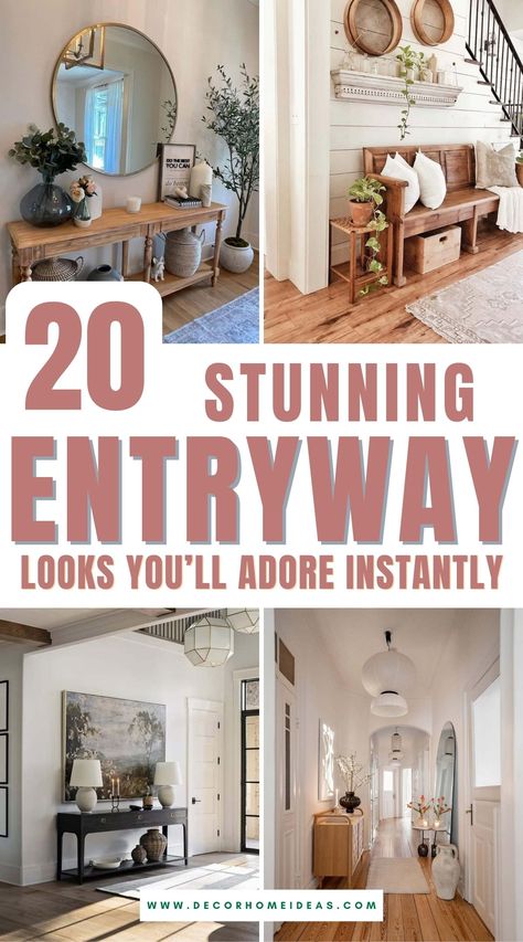 Different Entryway Ideas, Decorate Entrance Of Home, Farmhouse Chic Entryway, Entryway Decor Stairway, Fun Foyer Ideas, Entryway Ideas For Long Hallway, Entryway And Hallway Ideas, Entryway Without A Foyer, Front Entrance Ideas Interior Entryway Farmhouse