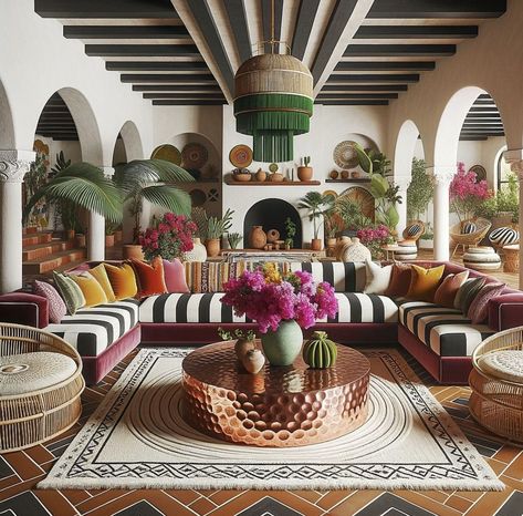 Modern Mexican Hacienda, Colorful Boho Living Room, Mexican Interior Design, Peacock Chairs, Mexican Interiors, Mexican Hacienda, Modern Mexican, Mexican Home, Coachella Valley