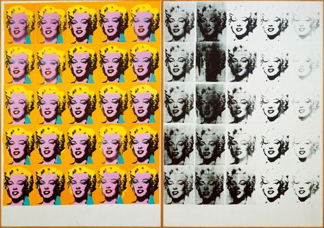 Marilyn Diptych acrylic, silkscreen inks, synthetic polymer and graghite on two canvases 1962 Pop Art painting by Andy Warhol. Marilyn Monroe’s photo from Niagara film 50 times on two canvasses and then screenprinted and more. A very complicated work process with many steps performed by Andy and his crew in The Factory in NYC. Pop Art History, Repetition Art, Warhol Paintings, Andy Warhol Marilyn, Oil Painting Tutorials, Jenny Smith, Art Parisien, Kara Walker, Art Andy Warhol