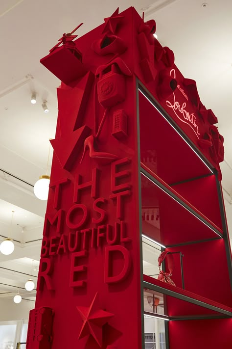 Iconic Christian Louboutin objects are sumptuously drenched in rouge to launch an exclusive capsule collection at Selfridges. Vivid, bold and instantly recognisable, the Christian Louboutin red sole is iconic. StudioXAG collaborated with the team at Christian Louboutin to produce and install ‘The Most Beautiful Red’ display as part of the luxury brand’s pop-ups at Selfridges London and Manchester Trafford Centre. Colorful Office Design, Trafford Centre, Selfridges London, Window Display Design, Red Louboutin, Beauty Pop, Red Rooms, Stage Set, Pop Ups