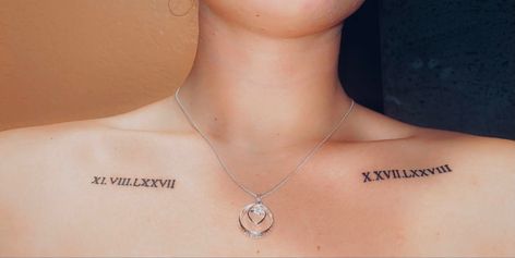 Roman Numeral Tattoo Collarbone, Colar Bone Tattoo Writing, Collarbone Roman Numeral Tattoo, Collarbone Date Tattoo, Roman Numerals On Collarbone, Collarbone Tattoo Roman Numerals, Collar Bone Date Tattoo, Roman Numeral Collar Bone Tattoo, Roman Numeral Tattoo Collar Bone