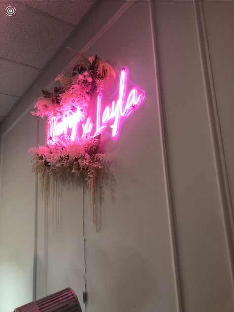 A neon sign that says lounge by layla surrounded by plants and brush Luxe Aesthetic, Neon Signs, Lounge