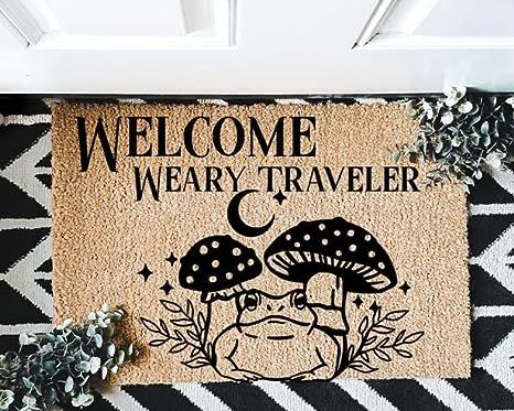 Welcome Weary Traveler Cottage Fairy Core Toad & Mushroom Leafy Doormat Funny Doormat,Housewarming Gifts Welcome Mat 16x24 Inch Toad Mushroom, Weary Traveler, Witchy Cottage, Cottage Core Decor, Doormat Funny, Cottage Fairy, Funny Doormats, Denim Wear, Care Packages