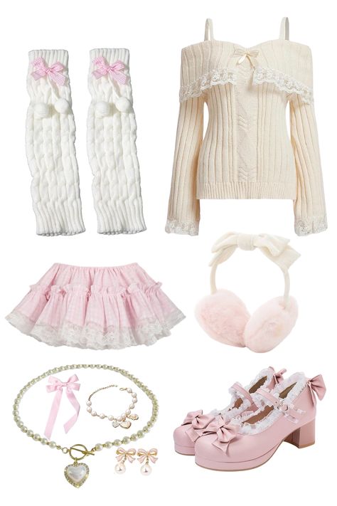 kawaii himekaji coquette off the shoulder knit sweater with bow and lace Pom Pom Earrings Outfit, Leg Warmers Pink, Pearl Coquette, Hair Coquette, Coquette Accessories, Off The Shoulder Knit Sweater, Himekaji Outfits, Bows And Pearls, Necklace Coquette