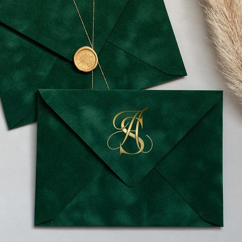 Green Velvet Envelopes with gold foil stamped monogram Spring Wedding Outfit, Green Themed Wedding, Emerald Green Weddings, Acrylic Wedding Invitations, Green Wedding Invitations, Wedding Envelope, Green Envelopes, Emerald Wedding, Color Wedding