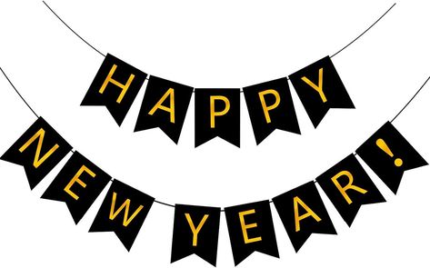 The black Happy NEW YEAR Banner as a new years eve party supplies. Black Alphabet, Indoor Banner, Banner Black, New Year's Party Decorations, Happy New Year Banner, New Year Banner, Wall Flag, Party Flags, Holiday Banner