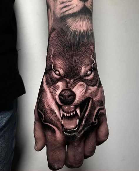 Wolf Head Hand Tattoo, Wolf Hand Tattoo Men, Wolf Hand Tattoo, Hand Tattoo Men, Tattoos For Black Skin, Dragon Tattoo Designs, Wolf Tattoo, Wolf Head, Hand Tattoo