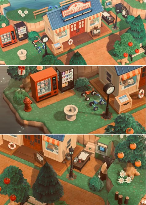 Animal Crossing Tom Nook Ideas, Vending Machine Animal Crossing, Animal Crossing Ideas Nook Cranny, Cute Nooks Cranny Ideas Acnh, No Terraforming Ideas Animal Crossing, Animal Crossing Vending Machine Area, Cool Animal Crossing Ideas, Animal Crossing Decorating Ideas, Nooks Cranny Inspo Acnh