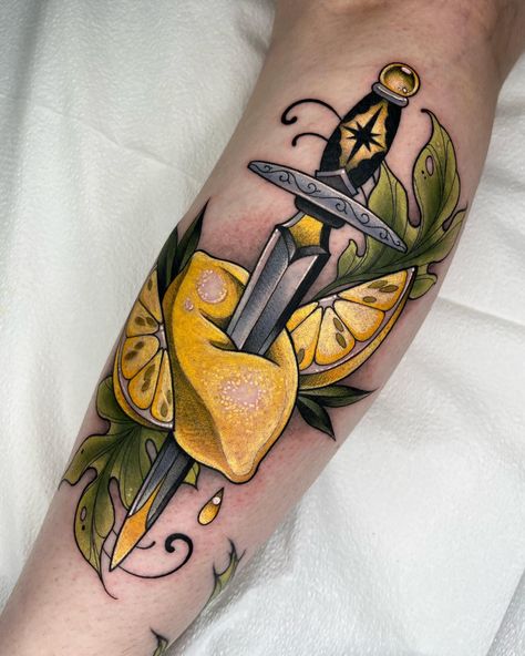 Jay (Tattoo Artist) | Lemon dagger for Abby 🍋 #neotraditional #lemon #fruit #tattoo #botanical #color #tattooinspiration #neo #illustration #femaleartist #local … | Instagram Neo Traditional Fruit Tattoo, Lemon Tree Tattoo, Fruit Tattoos, Jay Tattoo, Traditional Dagger Tattoo, Traditional Dagger, Fruit Tattoo, Neotraditional Tattoo, Knife Tattoo