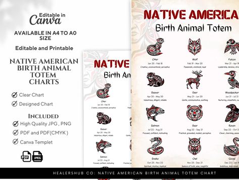 Explore the profound Native American Birth Animal Totem Charts connection between nature and spirituality with our Native American Birth Animal Totem Charts. This beautifully crafted digital collection offers detailed insights into the Native American zodiac, making it perfect for enthusiasts of astrology and cultural symbolism. Each chart provides a comprehensive overview of the birth animal totems. Each chart includes: 12 Zodiacs: Comprehensive representation of the Native American zodiac sign Native American Animal Symbols, Birth Animal, Native American Animals, Nature And Spirituality, Totem Design, Animal Totem, Animal Totems, Spirituality Books, Astrology Signs