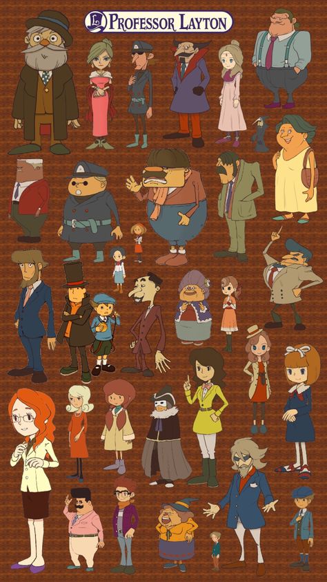 Professor Layton Character Design, Professor Layton Concept Art, Professor Layton Characters, Professor Character Design, Video Game Cross Stitch, Game Cross Stitch, Character Shapes, Artstyle Study, Casual Game Art