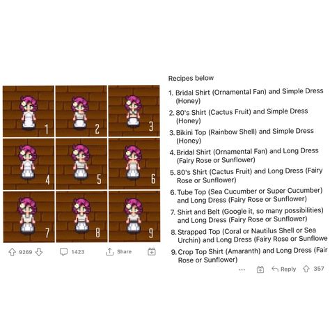 Stardew Valley Haley Gifts, Stardew Valley Bridal Outfit, Stardew Wedding Dress Recipe, Sdv Clothes Recipe, Stardew Valley Tailoring Guide, Stardew Valley Humor, Stardew Wedding Dress, Stardew Valley Wedding Dress Recipe, Stardew Valley Wedding Outfit