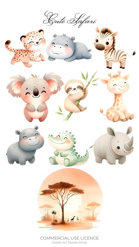 Jungle Animals Painting, Safari Animals Watercolor, Safari Watercolor, Birthday Invitation Background, Safari Clipart, Cute Safari Animals, Baby Jungle Animals, Baby Animals Cute, Baby Jungle