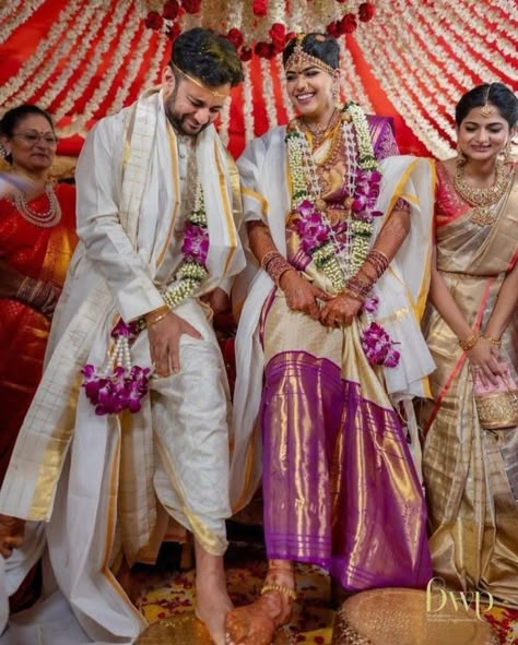 Groom Pattu Pancha, Telugu Wedding Dress For Men, Telugu Groom Outfit, South Indian Couple Wedding Outfit, Telugu Groom Wedding Dress, Pattu Pancha For Groom, South Indian Groom Outfit For Men, Thalambralu Saree, South Indian Groom